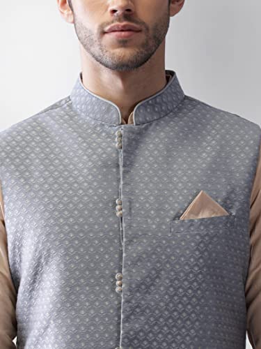 Image of KISAH Men's Cream Jacquard Silk Blend Nehru Jacket- Traditional Indian Waistcoat for Weddings & Royal Parties