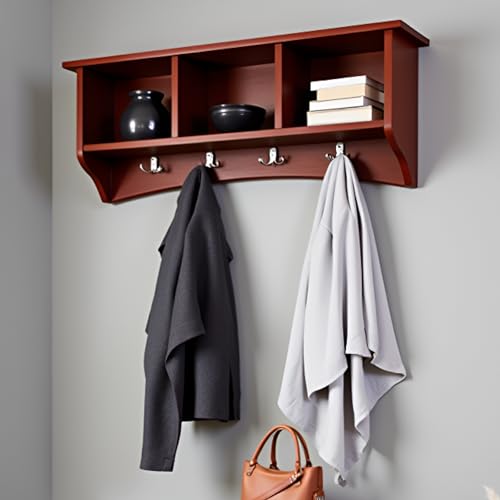 Image of Shaker Cottage Wall-Mounted Coat Rack with 3 Storage Cubbies and 4 Hooks - 36 inch Space-Saving Entryway Organizer, Mudroom and Hallway Wall Shelf by Alaterre Furniture (Cherry Finish)