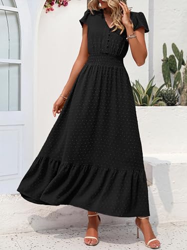 Image of PRETTYGARDEN Womens Dresses 2026 Summer Maxi Dress Boho Short Sleeve V Neck Swiss Dot Ruffle Tiered Smocked Flowy Long Dress