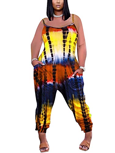 Kafiloe Women Sexy Spaghetti Strap Tie Dye Casual Loose Jumpsuit Romper One Piece Outfits with Pockets Yellow 2XL