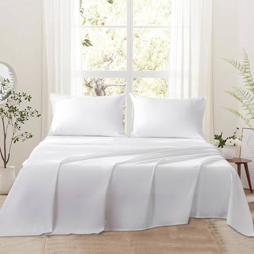 Bedlifes 1000 Thread Count 100% Egyptian Cotton Queen Size Sheets Set - Sateen Soft Silky Breathable Luxury Cooling 4 Pieces (White)