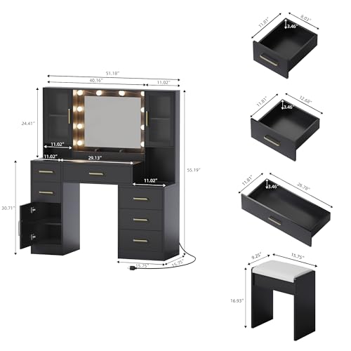 Makeup Vanity Desk with Mirror and Lights, 51\" Makeup Vanity with Lights & Charging Station, Dressing Table Vanity Set for Bedroom, Black Vanity Table with Cushioned Stool, 6 Drawers & 3 Cabinet