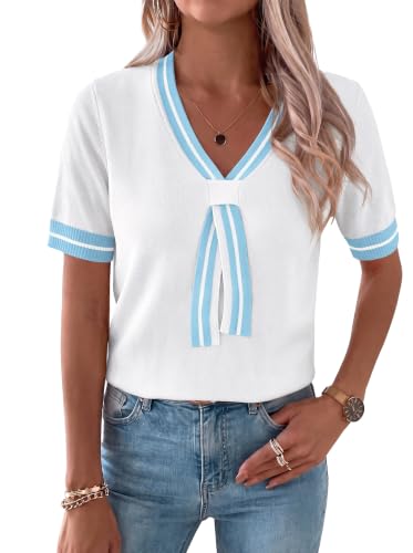 Image of Womens Knit Top Short Sleeve Sweater Work Summer Tops Cute Business Blouse | Lightweight Cute Bow Tie Sweater 2026 Chic V Neck Business Casual Outfits Tops