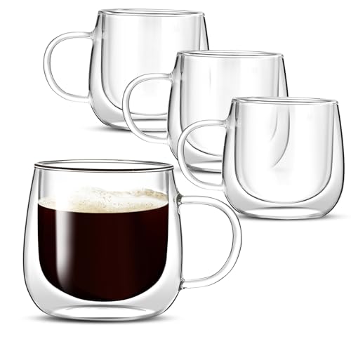 WEECHUNG 10oz Double Wall Glass Coffee Mugs Set of 4,Large Insulated Espresso Cups, insulated glass coffee cups, glass mugs with handles, borosilicate glass mug for Cappuccino, Americano, Tea