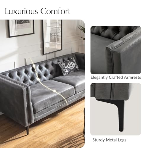 Image of HULALA HOME 84 inch W Faux Leather Sofa Couch with Metal Legs, Button-Tufted 3-Seater Sofa, Mid Century Modern Contemporary Upholstered Couch for Living Room, Entertainment Area, Apartment,Grey
