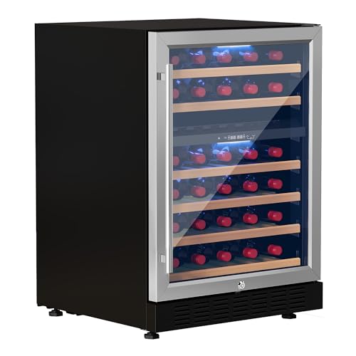 YITAHOME 24 Inch Wine Cooler Refrigerator, 46 Bottle Dual Zone Wine Refrigerator with Double-Layer Tempered Glass Door, Stainless Steel Wine Fridge, Built-In or Self-standing, Black