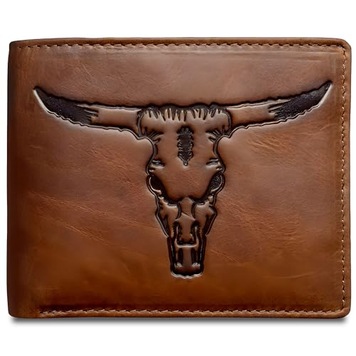 Texas Longhorn Bifold Wallet - Western Wallet for Men -Longhorn Cowboy Wallet - RFID Blocking & 9 Card Slots - Distressed Leather Cowboy Wallet for Men