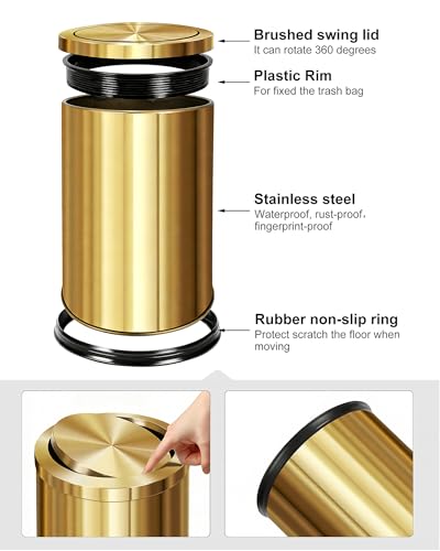 Image of 2.6Gallon Brushed Gold Bathroom Trash Can with Wall Mounted Toilet Brush Set /Stainless Steel Gold Garbage can with Swing lid Trash bin Wastebasket for Bedroom,Office,Kitchen,Powder Room