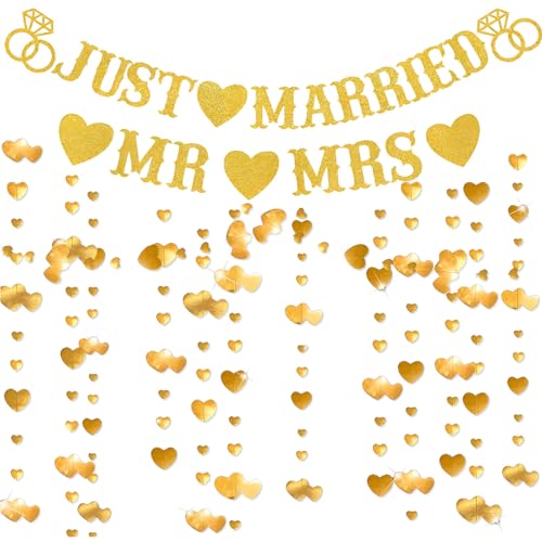 Bannière Just Married, Décorations Just Married, Guirlande de cœurs scintillants Mr et Mrs, Décorations suspendues, Décorations de mariage, Bannière de...