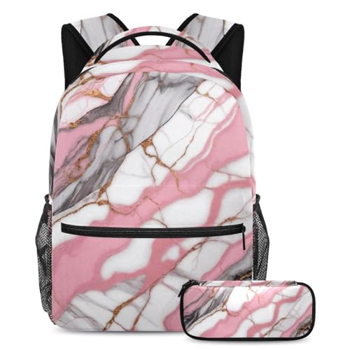 Rentrée scolaire sac à dos marbre rose et trousse pour ados au collège