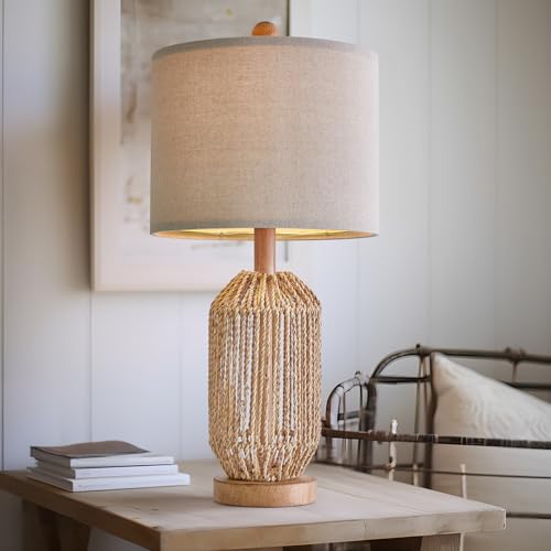 OYEARS 21" Boho Table Lamp for Living Room, Bedside Lamp for Nightstands, Rattan Lamp for Bedroom, Farmhouse Table Lamp for Room Decor, End Table, Retro, Brown, 1 Pack - Image 3