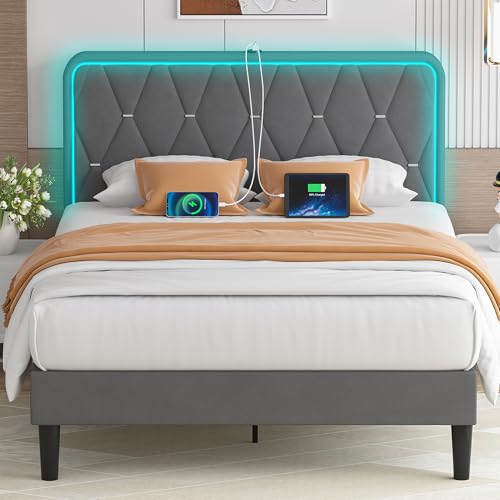 VECELO Upholstered Queen Bed Frame with Headboard Adjustable, Velvet Platform Bed with LED Lights, Charging Station, Mattress Foundation with Wooden Slats, Noise Free, No Box Spring Needed, Soft Grey