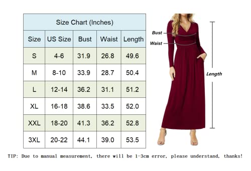 Cathy Women Long Sleeve Deep V-Neck Casual Long Dress Pleated Waist Maxi Dresses With Pockets, S, Long Sleeve Fl Wine #TOP3