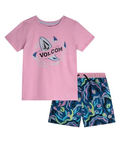 Image of Volcom Baby Boys Swim Set - 2 Piece Short Sleeve Swim Shirt Graphic Tees & Board Shorts - Infant Toddler Little Boys Swimsuit