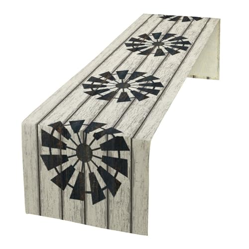 Retro Windmill Table Runner Rustic Farmhouse Wood Grain Country Style Print Table Runner for Dinning Holiday Party Indoor Outdoor Decor 13x60inch