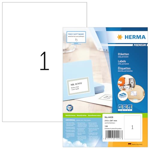 HERMA Self Adhesive Multipurpose Labels, 1 Label per A4 Sheet, 100 Sheets, 210 x 297 mm, 100 Labels, Blank Universal Labels Stickers, Sticky Labels for Laser & Inkjet Printer, White