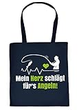 Masse ca. 38x40 cm Angler-Sprüche Geschenktasche - Baumwolltasche Angeln Motiv : Mein Herz schlägt für´s Angeln - Einkaufstasche Angelsport Stofftasche - Farbe : Navyblau