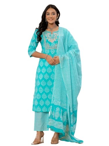 Image of Amayra Women's Cotton Embroidered Straight Kurta with Palazzo Pant and Dupatta Set