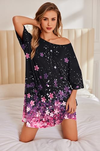 Image of Ekouaer Plus Size Nightgowns for Women Oversized Sleep Shirt Short Sleeve Nightshirt T-Shirt Dress Sleepwear, Black Sakura, Large