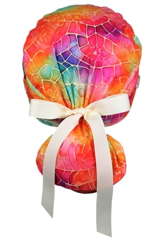 Image of Scrub Cap for Women and Men, Ponytail Scrub Caps, Working Hat, Head Cover with Ribbon Ties and Buttons, Long Hair