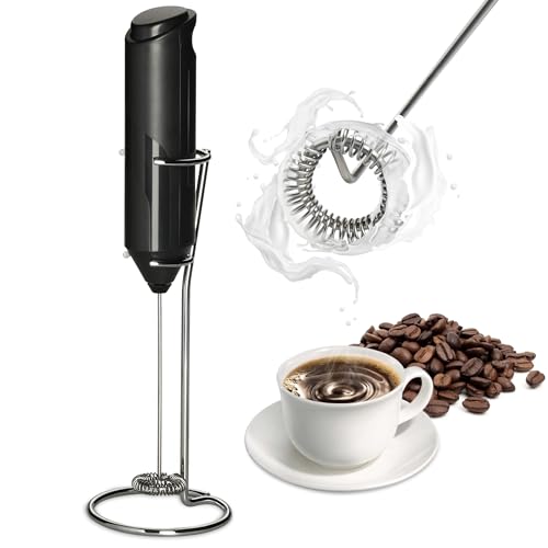 InfiniPower Milk Frother Handheld with Stainless Steel Stand, Battery Operated Whisk Maker Hand Drink Mixer for Lattes, Coffee, Cappuccino, Matcha, Black