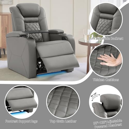 Home Theater Seating, Classic Series Leather Movie Theater Chairs, Power Headrest and Memory with C-Type USB Charger, 7Color Ambient Lighting and Tray Table, Gray Power Adjustable Recliner(Row of 1)