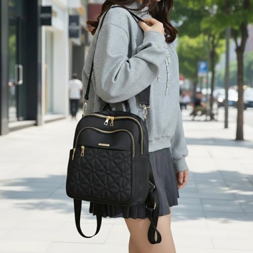 Image of Kraptick Women's Quilted Nylon Backpack Purse - Convertible Anti-Theft Shoulder Bag Waterproof Fashion Rucksack for College, Office & Travel (Black)