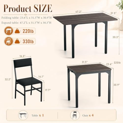 Image of HUAHUU 5-Piece Dining Table Set for 4, Extendable Kitchen Table Set with 4 Upholstered Cushion Chairs, Rectangle Table with Metal Frame & MDF Board, Folding Space-Saving for Small Apartment, Gray