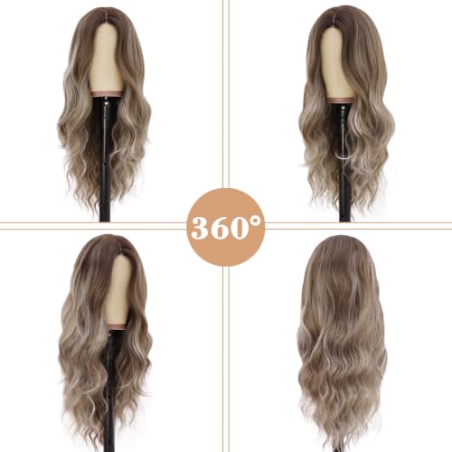 Image of NAYOO Ash Brown Wig for Women, 26 Inch Middle Part Wavy Synthetic Wig