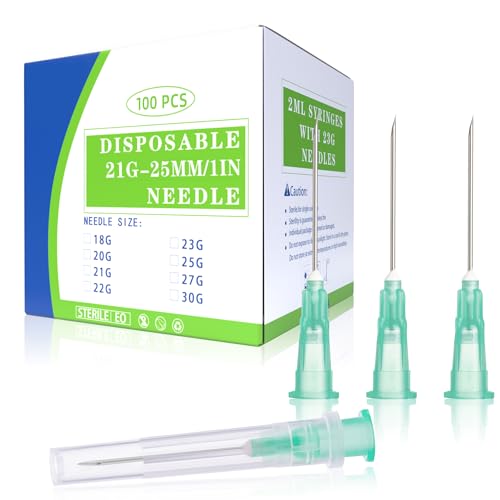 100 Pack 21 Gauge 1 Inch Disposable Dispensing Needle with Cap for Industrial and Scientific Lab Measuring Tools Accessories, Individually Wrapped