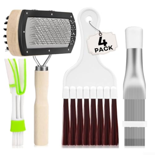 Yuanpgky Juego de 4 cepillos de limpieza de aletas de condensador de aire acondicionado, limpiador de bobina de CA con peine de aleta de acero inoxidable y cepillos de doble cara para unidades de CA