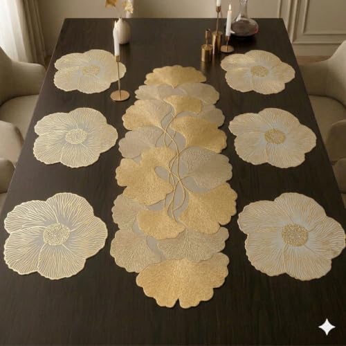 Image of Dakshya Industries Dining Table Mats Round PVC Set | 6 Waterproof Placemats (38 x 38 cm) + 1 Table Runner (91 x 33 cm) | Heat Resistant, Kitchen Decor (Evoris)