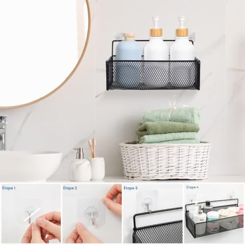 IMIKEYA Panier de rangement mural en métal noir 26 x 15 x 13 cm Panier de rangement pour cuisine salle de bain avec 2 crochets et clous autocollants Étagère de salle de bain pour ustensiles de cuisine – vue 8