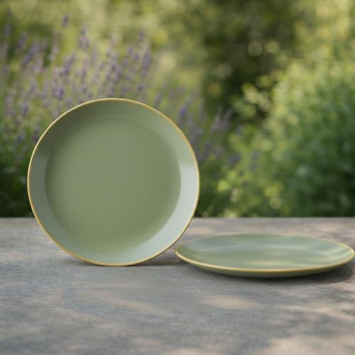 Image of Freakway Pista Green Stoneware Premium Reactive Glaze Dinner Plates with Gold Rim - 10.6 Inch, Sage Green, Set of 2 | Scratch Resistant & Microwave Safe