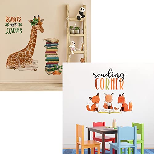 Mfault Foxes Reading Corner Baby Boys Girls Wall Decals Stickers, Giraffe Reading Corner Baby Boys Girls Wall Decals Stickers, Bird Kids Library Toddler Room Decor #TOP19