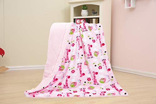 Marina Decoration Reversible Rich Printed Woven Fluffy Plush Soft Warm Flannel Fleece Sherpa Kids Children Blanket, 30 X 40 Inch Brown Green Pink Color Giraffe And Monkey With Pink Base Pattern #TOP4