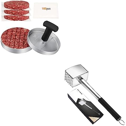 FAVIA Burger Press Patty Maker with 100 Wax Papers & Meat Tenderizer Hammer Tool Cover