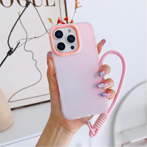 Coque iPhone 15 rose mate paillettes lanière dragonne téléphone portable