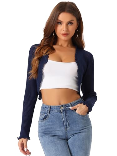 Image of Allegra K Women's Spring Crop Shrug Ruffle Trim Long Sleeve Knit Open Front Casual Bolero Cardigan