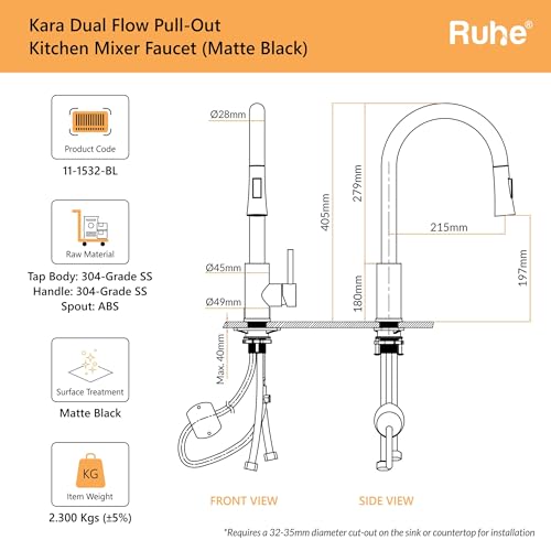 Image of Ruhe 304-Grade Staineless Steel Kara Pull-Out Single Lever Sink Mixer Faucet with Dual Flow | 360 rotatable | Super-Functional Water tap for Kitchen & Bathroom (Matte Black)