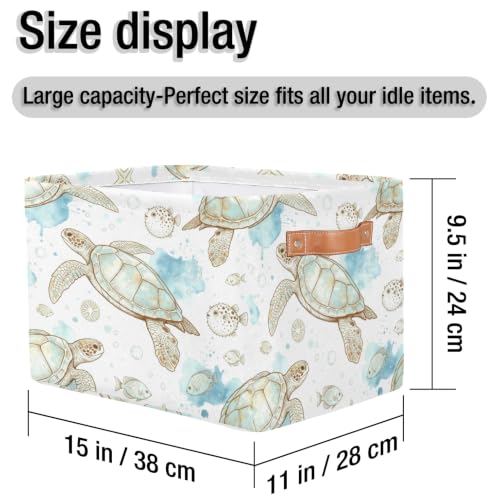 Image of Tropical Ocean Sea Animal Square Storage Basket, Fabric Storage Bin with Leather Handles Collapsible Storage Bin Nursery Hamper for Organizing Toys, Clothes, Books, Gift Baskets