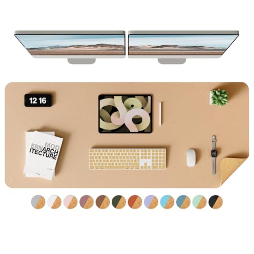 Image of YSAGi Double-Sided Desk Mat, Eco Cork & Leather Desk Protector, Large Mouse Pad & Writing Pad for Office /Home (Apricot+Cork, 47.2 inch x 17 inch)