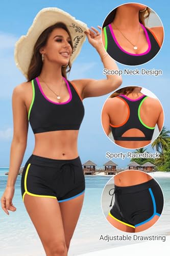 Image of Women Two Piece Sporty Bikini Set Athletic Swimsuits with Boy Shorts Bottom | Racerback, Crop top, Drawstring, Bathing suits, Mid Rise, Padded bra, Full lining, Scoop neck, Full coverage