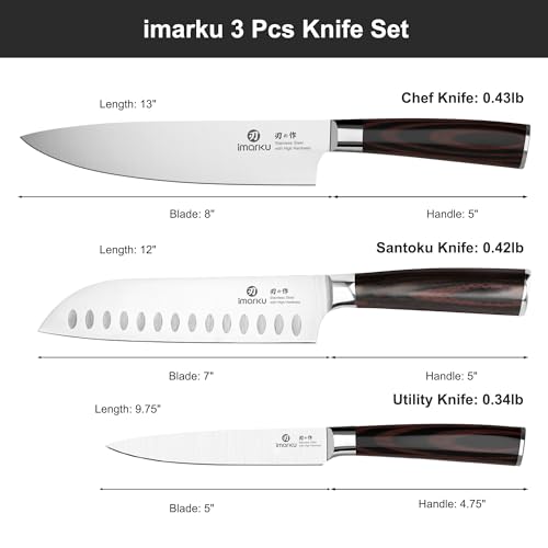 Image of imarku 3 Pieces Knife Set, Japanese High Carbon Stainless Steel Chef Knife Set, Professional Chef Knives with Ergonomic Pakkawood Handle, Ultra Sharp Cooking Knives for Kitchen & Home Cooking