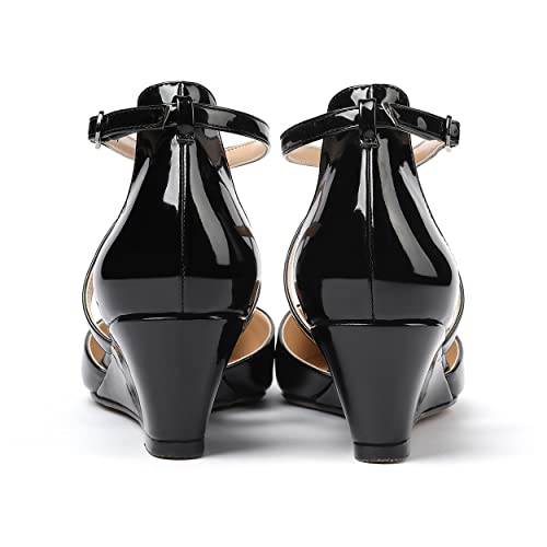 MODENCOCO Women's Dating Pointed Toe Cute Criss Cross Strap Buckle Patent Wedge Low Heel Pumps Shoes 2 Inch4