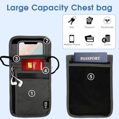 Brustbeutel mit RFID Schutz, Anti-Diebstahl Unisex Reisegeldbeutel, Wasserdicht Schwarz Handy Umhängetasche Herren, Brustbeutel Jungen für Passport,Kreditkarten,Smartphone,Münzen,Geld(grau)