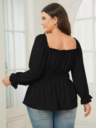 Womens Plus Size Tops Square Neck Long Sleeve Blouse Babydoll Ruffle Peplum Smocked Summer Top2