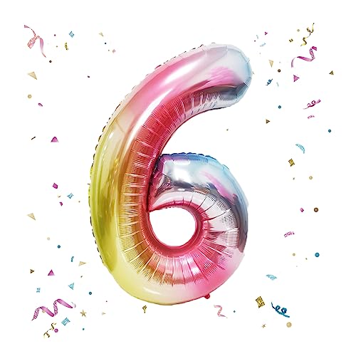Image of 40 Inch Giant Rainbow Number 6 Balloons, Birthday Balloons, Helium Mylar Foil Big Number Balloons for Birthday Party Decorations, Kids' Birthday Anniversary Party Baby Shower Unicorn Parties