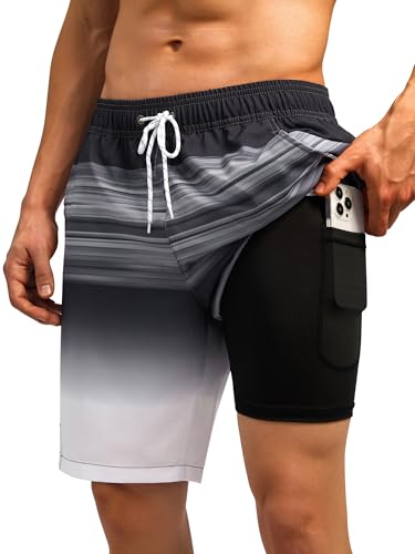 SILKWORLD Mens Swim Trunks Quick Dry Bathing Suit Board Swimming Shorts with Zipper Pockets and Compression Liner