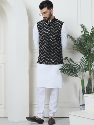 Image of SOJANYA (Since 1958 Men's Cotton Linen Maroon Kurta and White Pyjama with Mustard Cotton Nehru Jacket